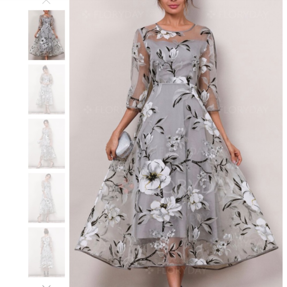 NWT Floryday Silver Floral Midi Cocktail Dress